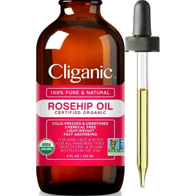 Cliganic Organic Rosehip Seed Oil for Face, 100% Pure | Natural Cold Pressed Unrefined Non-GMO | Carrier Oil for Skin, Hair & Nails