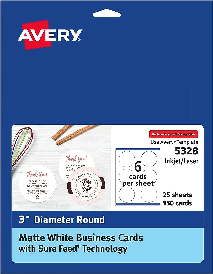 Avery Round Business Cards with Sure Feed Technology, 3" Diameter, Matte White, 150 Round Cards Total, Print-to-the-Edge, Laser/Inkjet Printable Cards (5328)