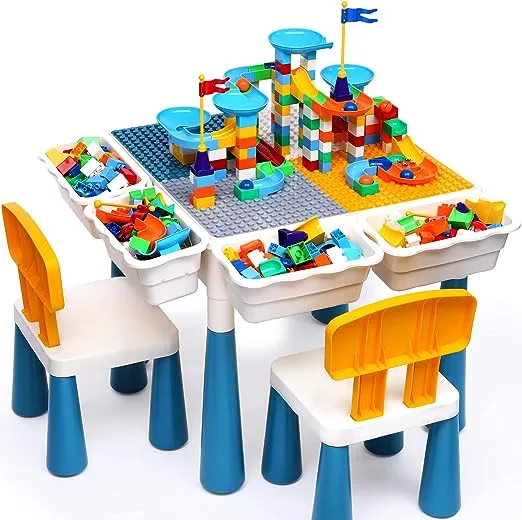 Arscniek 7 in 1 Kids Activity Table and Chair Set with 152Pcs Large Marble Run Building Blocks