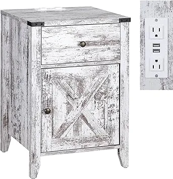 Tolead 2 Piece Barnwood Rustic Nightstand, Side Table with Barn Door and Drawers, Weathered Oak Style End Table, Living Room, Bedroom, White