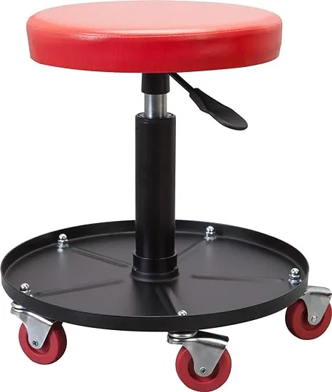 Torin ATRHL6201B Heavy Duty Rolling Pneumatic Creeper Garage/Shop Seat: Padded Adjustable Mechanic Stool with Tool Tray Storage, Red 250 LBS