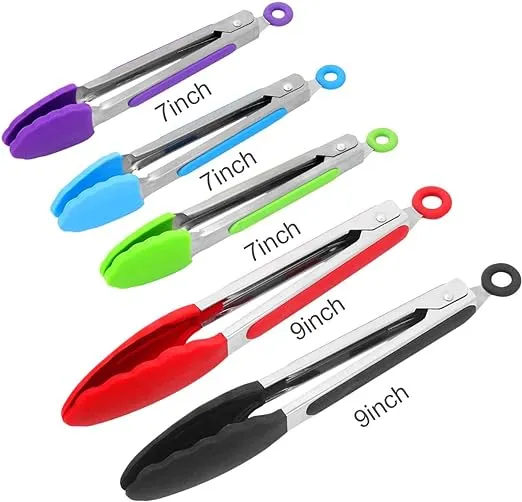 Kitchen Tongs with Silicone Tips - ForTomorrow Set of 5, 7 9 Inch Premium Silicone Tipped Tongs for Cooking Heat Resistant, Serving Food, BBQ