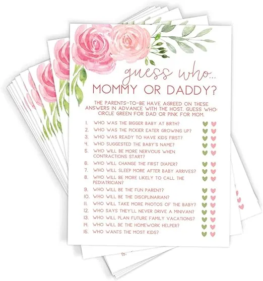 Printed Party Baby Shower Game, Guess Who Mommy or Daddy, Floral, 50 Cards