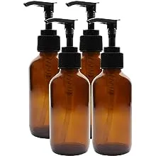 Cornucopia 4oz Amber Glass Pump Bottles (4-Pack); Great for Lotions, Liquid Soap, Aromatherapy and More