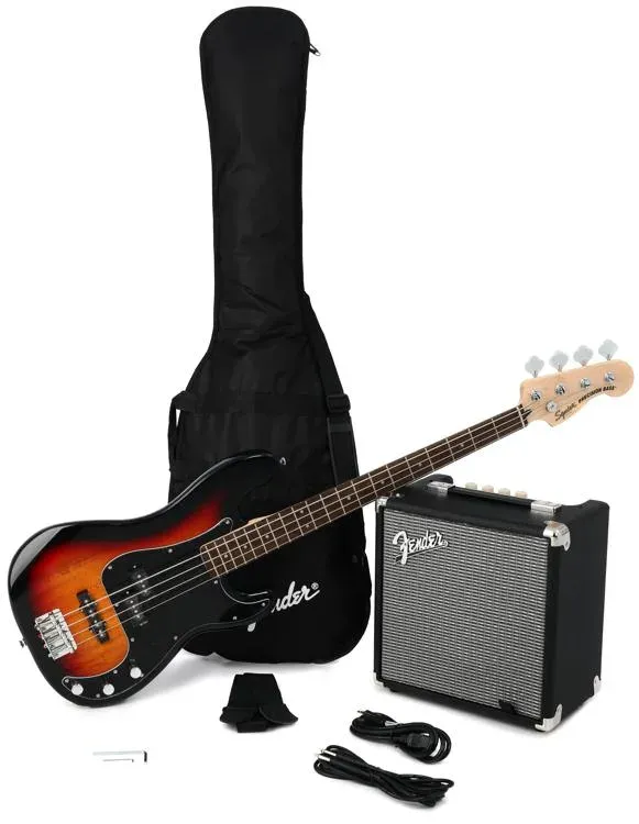 Squier Affinity Series Precision Bass Pack, Black, Maple Fingerboard, with Gig Bag and Rumble 15 Amp