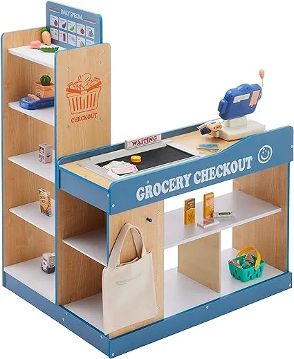 Amazon Basics Grocery Store Checkout Counter with Shopping Cart, Kids Supermarket Pretend Play Store Cash Register, Gift for Age 3Y+, Multicolor