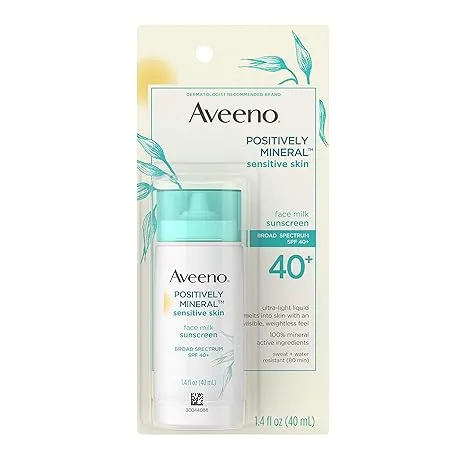 Aveeno Positively Mineral Sensitive Skin SPF 40+ Sunscreen Face Milk with Zinc Oxide & Titanium Dioxide, Invisible Oil-Free Liquid Facial Sunscreen, Paraben- & Phthalate-Free, 1.4 fl. oz