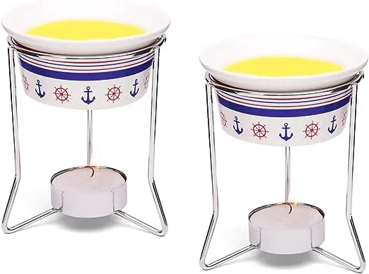 Nantucket Nautical Butter Warmers, Ceramic Dish with Stand and Tealight, Set of 2