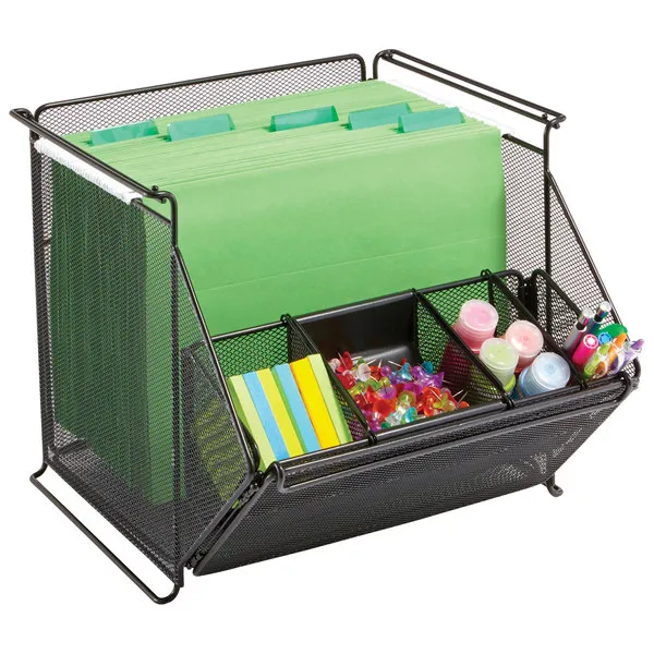 Safco 2164BL 14" x 15 1/2" x 11 3/4" Onyx Black 4 Section Stackable Mesh Storage Bin