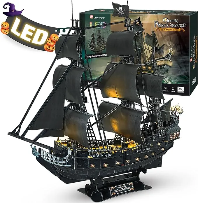 CubicFun 3D Puzzles for Adults - Led Pirate Ship Queen Anne's Revenge - Large 27'' Sailboat Puzzles - Desk Decor/House Warming/New Home/Christmas/Anniversary/Teacher Appreciation Gifts