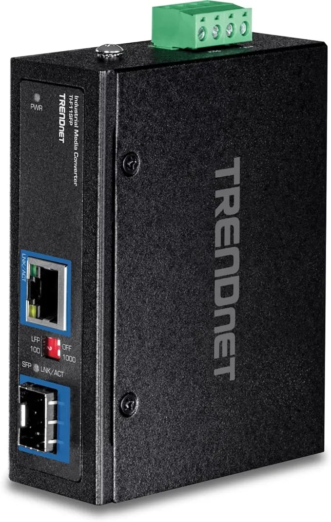 TRENDnet Hardened Industrial 100/1000 Base-T to SFP Media Converter, DIN-Rail/Wall Mount, Multi or Single Mode Fiber, Power Supply Sold Separately, TI-F11SFP , Black , Gigabit