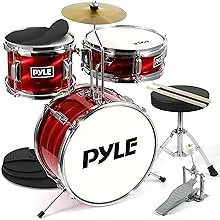 Pyle Kids Drum Set, 3 Piece Beginner Junior Drummer Kit with 13" Bass Drum, Snare, Tom, Cymbal, Adjustable Throne, Mutes, Drumsticks, Red