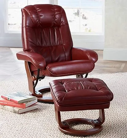 Benchmaster Kyle Ruby Red Swivel Faux Leather with Ottoman Recliner Chair Modern Armchair Ergonomic Push Manual Reclining Footrest Upholstered for Bedroom Living Room Reading Home Relax Office