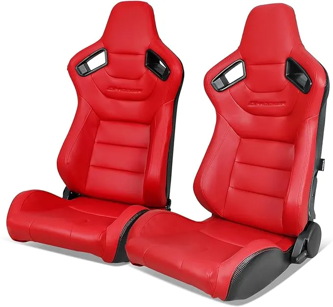 IKON MOTORSPORTS, Universal Racing Seats Pair with Dual Sliders, Red PU & Carbon Leather Reclinable Left Right