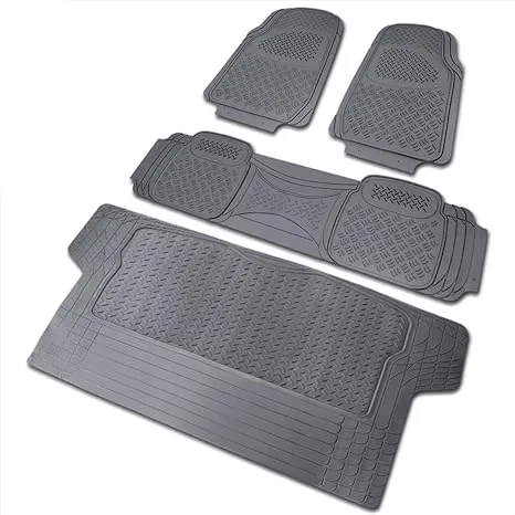 Spec-D Tuning Universal Fitment 4Pc Gray Heavy Duty All Weather 3D Rubber Floor Mats Front + Rear + Trunk Truck SUV Fits select: 2013 FORD F150, 1999-2014 CHEVROLET SILVERADO