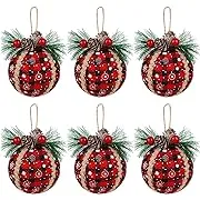 Iceyyyy 6PCS Christmas Plaid Ball Ornaments - 2 Inch Black & Red Buffalo Plaid Fabric Ball Ornaments with Pine Cones and Greenery, Plaid Christmas Tree Hanging Ball Ornaments Festive Decorations