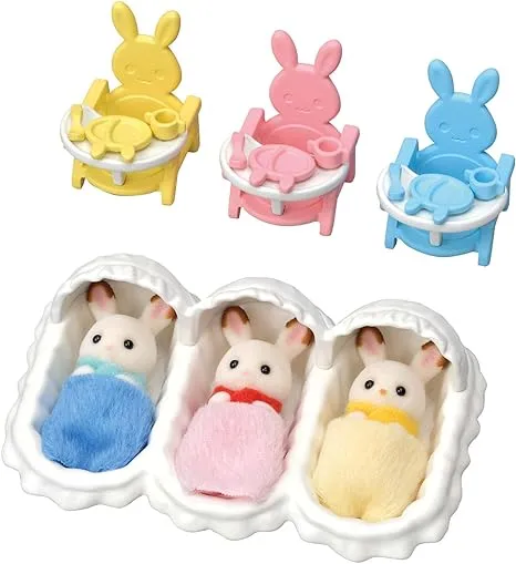 Calico Critters Triplets Care Set, Dollhouse Playset with 3 Hopscotch Rabbit Figures & Accessories Included