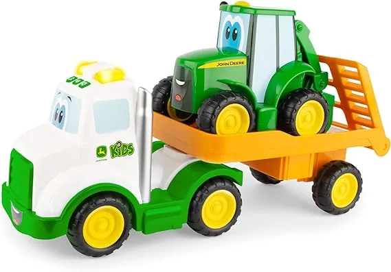 JOHN DEERE Lights & Sounds Farmin' Friends Hauling Set - Includes Toy Truck and Backhoe Tractor Toy Toys - Toddler Toys Ages 18 Months and Up