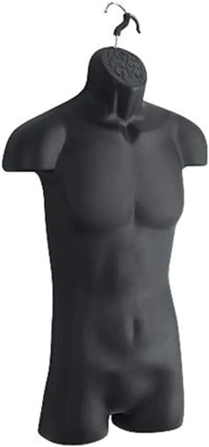 SSWBasics Male Molded Shatterproof Black Shapely Torso Form With Hook - Fits Men's Sizes S-L - Hanging Mannequin Torso Fashion Form to Display Top and Bottom Merchandise - Shirt Mannequin Display for