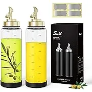 Suli Glass Olive Oil Dispenser Bottle -2 Pack17oz Oil and Vinegar Cruet Set with Steel Spouts and Labels for Kitchen Cooking, Salad Dressing, and BBQ (Golden)