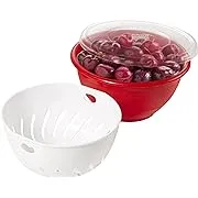 Arrow Home Products Berry Bowl & Berry Colander Set - Fruit Strainer Container with Lid, Rinse Store & Serve - Made in USA, Dishwasher Safe, BPA Free, 1 Quart, Assorted Colors (Either Red or Green)