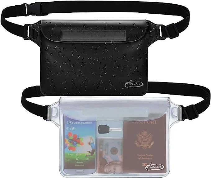 AiRunTech Waterproof Pouch with Waist Strap (2 Pack) | Beach Accessories Best Way to Keep Your Phone and Valuables Safe and Dry | Perfect for Boating Swimming Snorkeling Kayaking Beach Pool Water Park