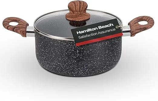 Hamilton Beach 3 Quart Aluminum Nonstick Marble Coating Even Heating Round Dutch Oven Pot with Glass Lid and Wooden Like Soft Touch Handle, Dutch Oven