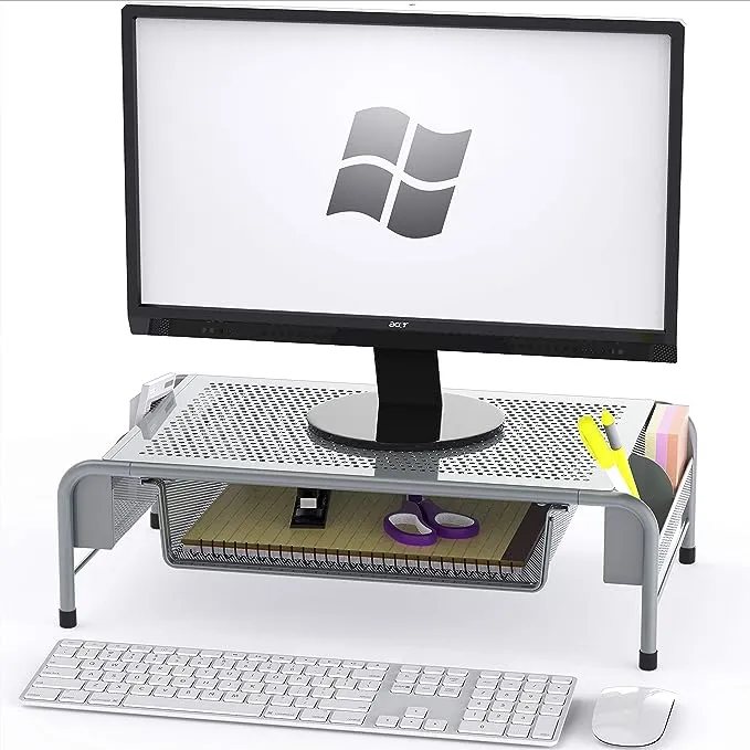 Simple Houseware Metal Desk Monitor Stand Riser with Organizer Drawer, White