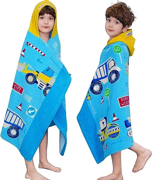 VOOVA & MOVAS Kids Towels Age 3-10, Soft | Thick | 100% Cotton, Large Absorbent Beach, Bath, Pool, Swim Towels | Cover up for Boys | Excavator Vehicle