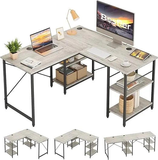 Bestier L Shaped Desk with Shelves 86.6 Inch Reversible Corner Computer Desk or 2 Person Long Table for Home Office Large Gaming Writing Storage Workstation with 3 Cable Holes, Rustic Brown