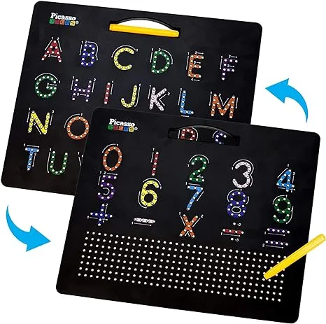 PicassoTiles 2-in-1 Magnetic Drawing Board Toy 12x10 inch Large Magnet Bead Tablet Pad with 2 Facings Alphabet+ Math STEM Free Style Educational Erasable Learning Writing Playboard in Black PTB02