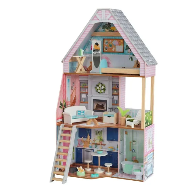 Olivia's Little World Dreamland Barcelona 3-Story Wooden Dollhouse with Working Elevator, Rooftop Pool, and 10-pc Furniture Accessory Set for 3.5" Dolls, Turquoise/Black