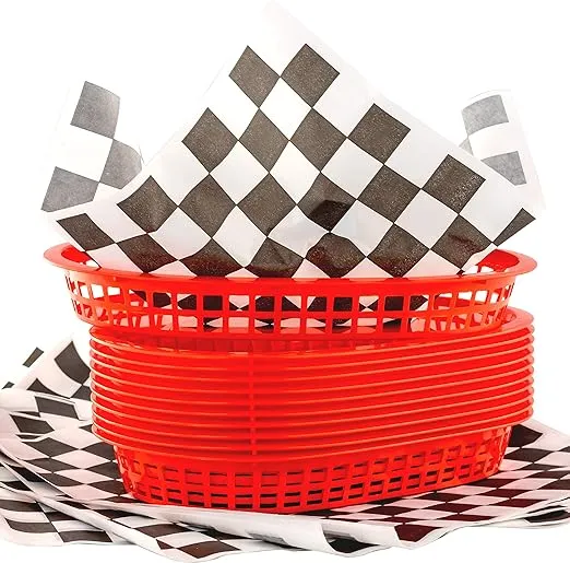 Retro Style Red Fast Food Basket (12Pk) and Black Checkered Deli Liner (120Pk). Classic 11 In Deli Baskets Are Microwavable and Dishwasher Safe. Disposable Deli Paper Squares for Easy Cleanup