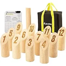 Aivalas Wooden Numbered Block Tossing Game Set, Throwing Bowling Game with 12 Pcs Numbered Pins | Throwing Dowel | Scoreboard | Carrying Bag, Outdoor