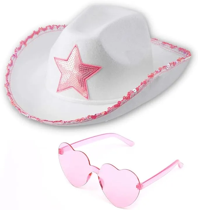 Funcredible White Pink Cowgirl Hat with Heart Glasses - Pink Cowboy Hat with Pink Sequin Star - Halloween Cow Girl Costume Accessories - Fun Rodeo Party Hats and Goggles for Kids, Girls and Women