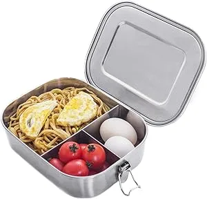 Stainless Steel Bento Box Lunch Containers For Adults Leakproof 3 Compartment Metal Bento Lunch Box Food Container For Over 5 Years Old Kids (1400ml/47oz)