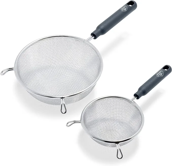 GreenLife Cooking Tools and Utensils, 2 Piece Extra Fine Stainless Steel Mesh Strainer Kitchen Set, Stay Cool Handles, Dishwasher Safe, BPA-Free, Grey