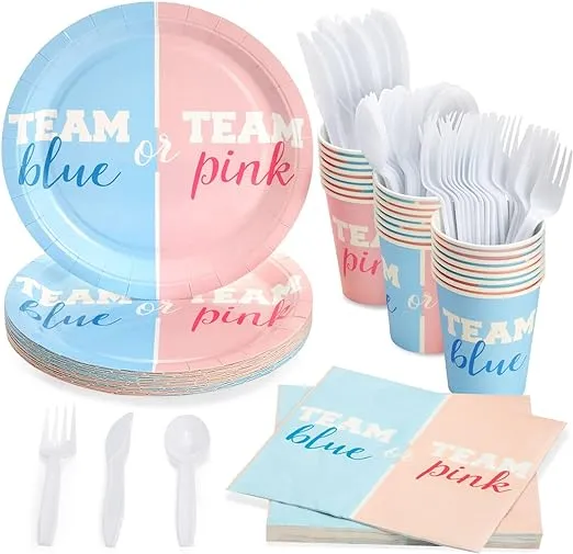 144 Piece Gender Reveal Plates Napkins Cups Cutlery Team Boy and Team Girl Pa...