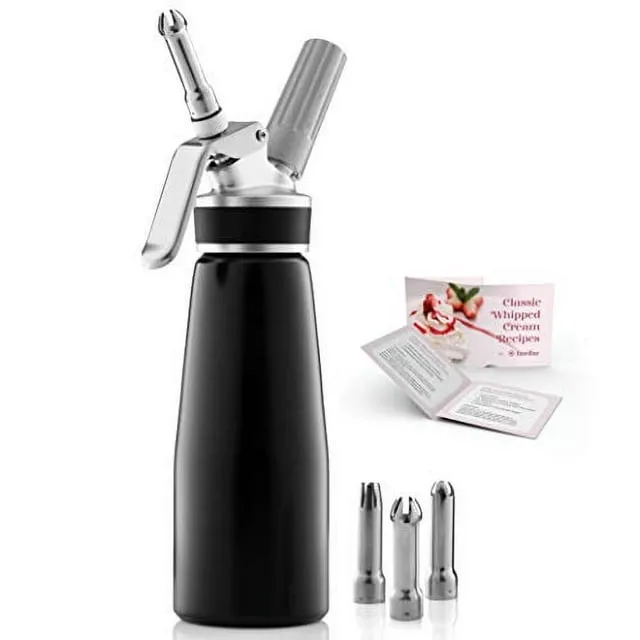 FineDine Professional Whipped-Cream Dispenser - Highly Durable Aluminum Cream Whipper, 3 Various Stainless Culinary Decorating Nozzles and 1 Brush - Canister with Recipe Guide - Homemade Cream Maker