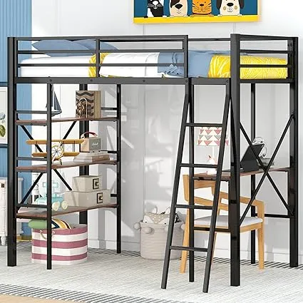 Twin Size Metal High Loft Bed with Shelves and Desk, Heavy Duty Metal Bed Frame, Loftbed Frame w/Full-Length Guardrail & Ladder for Kids, Teens, Boys and Girls, Space Saving, Black