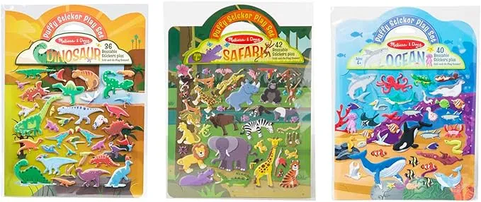 Melissa & Doug Reusable Puffy Sticker Wild Adventures Play Set 3-Pack (118 Stickers: Safari, Dinosaur, Ocean) - FSC Certified