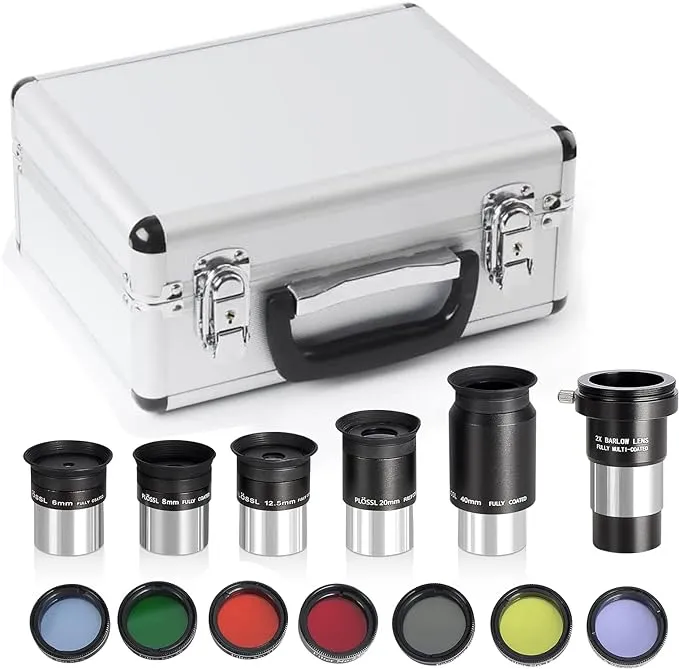 1.25" Eyepiece and Filter Set with a Carry Case-Telescope Accessory Kit (13 Piece) - 5pcs Plossl Eyepieces & 5pcs Color Filters & a 2X Barlow Lens & a Moon Filter & a Polarizing Filter