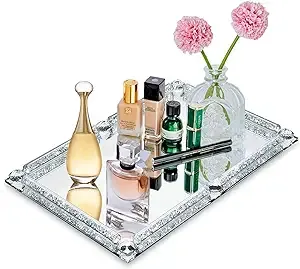 Mirror Crystal Perfume Tray,Crushed Diamond Filled Crystal Glass Tray,Cosmetic Makeup Vanity Tray,Jewelry Trinket Tray,Serving Tray for Home Decorative,Party,Hotel Banquet