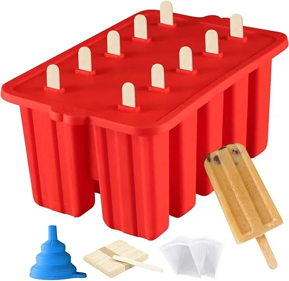 Silicone Popsicles Molds, Homemade ICE Popsice Molds Food Grade BPA-Free with Popsicles Maker Sticks Popsicles Bags A Funnel, Popcycle Maker (Red-10 Cavity)