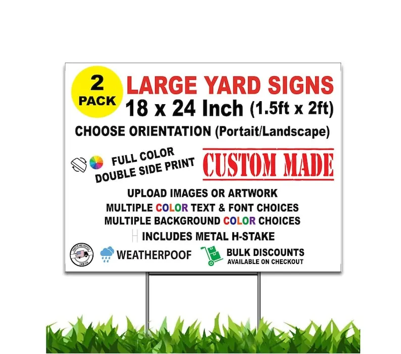 Custom Personalized Yard Signs with Stakes | 24"W x 18"H (2 Signs) | Double Sided - UV Printed | Choose from Multiple Background and Font Colors | Personalized Message with Your Words