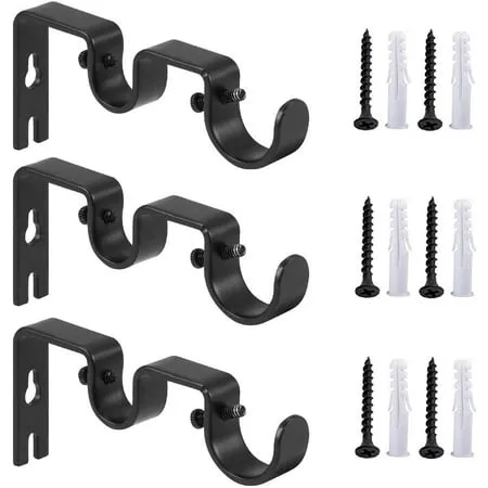 3 Pack Double Curtain Rod Brackets, Wall Mount Heavy Duty Curtain Rod Holder for for 1" and 0.7" Rods, Black