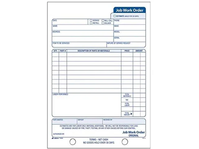 Job Work Order Book, 3-Part Carbonless, White/Canary/White, 5-9/16 X 8-7/16 Inches, 33 Sets (T5868)