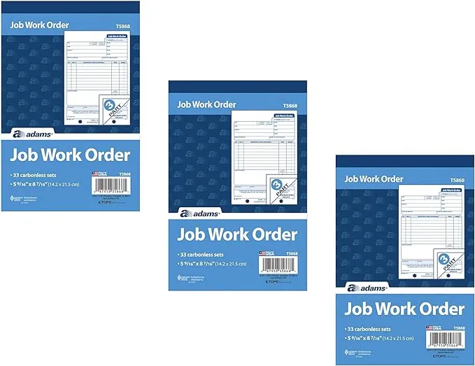 Adams Job Work Order Book, 3-Part Carbonless, White/Canary/White, 5-9/16 x 8-7/16 Inches, 33 Sets (T5868), 3 Pack