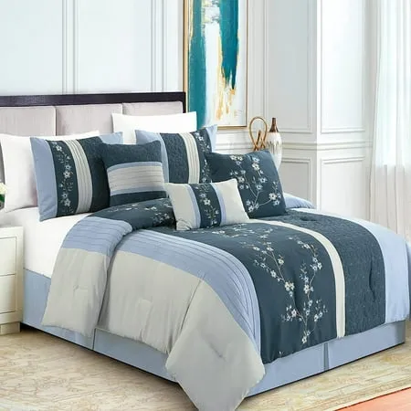 Chezmoi Collection Linnea 7-Piece Luxury Blue Cherry Blossom Floral Embroidery Bedding Comforter Set, King