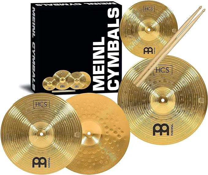 Meinl Cymbals HCS Cymbal Set Box Pack for Drums Hihats, Crash, Plus Free Splash, Sticks, Lessons — Made in Germany — Durable Brass, 2-Year Warranty, Traditional Finish, 13"/14"/10" (HCS1314